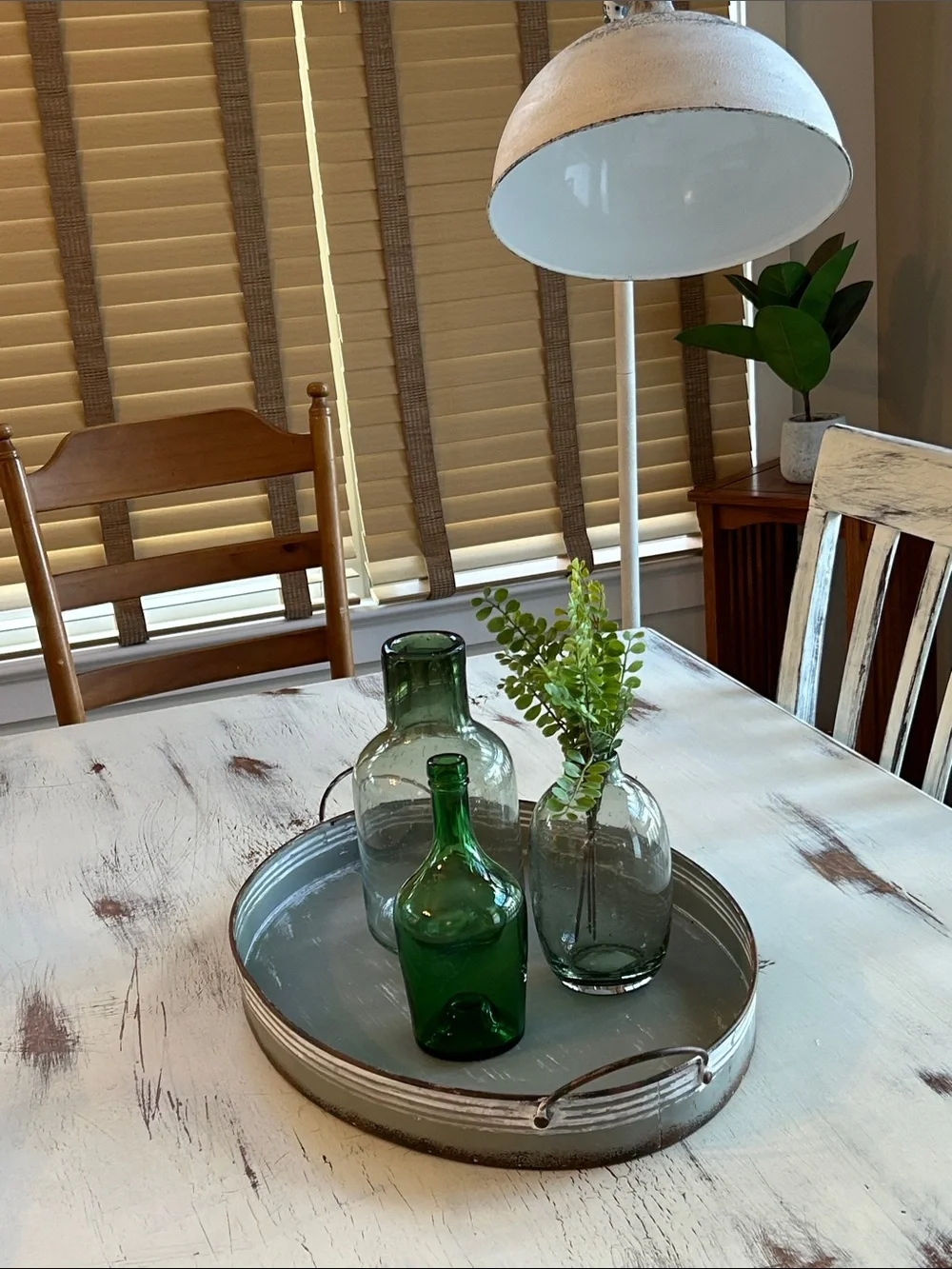 Green tabletop decor Glass vase accents shades of green Rustic modern farmhouse